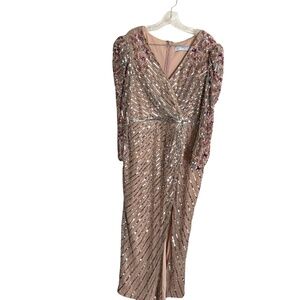 MAC DUGGAL LONG SLEEVE EMBELLISHED PUFF SLEEVE FAUX WRAP GOWN  SIZE 14 5628 $698